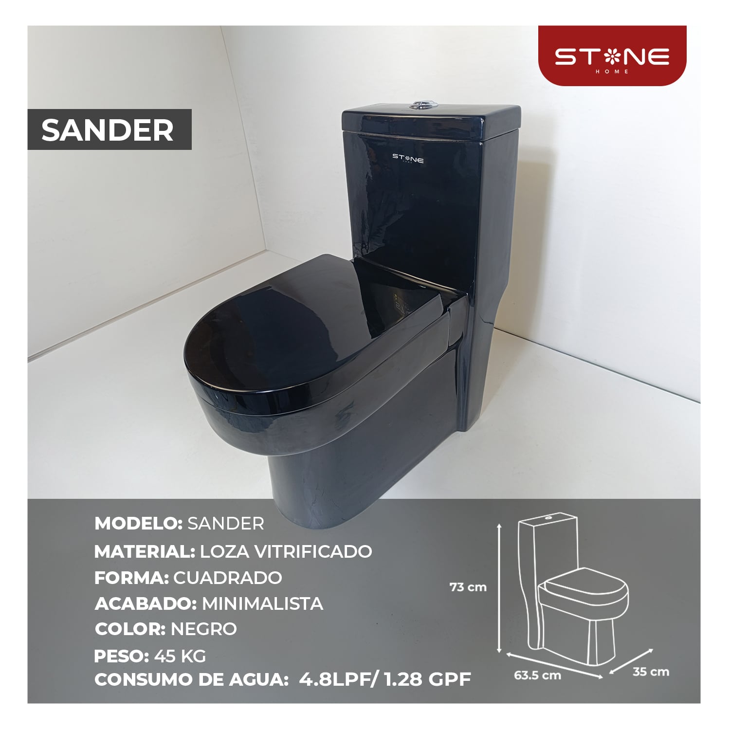 COMBO INODORO SANDER NEGRO + BOWL TANY BLACK STONE + DESAGUE POP UP GRANDE P/BOWL CROMADO STONE - 4
