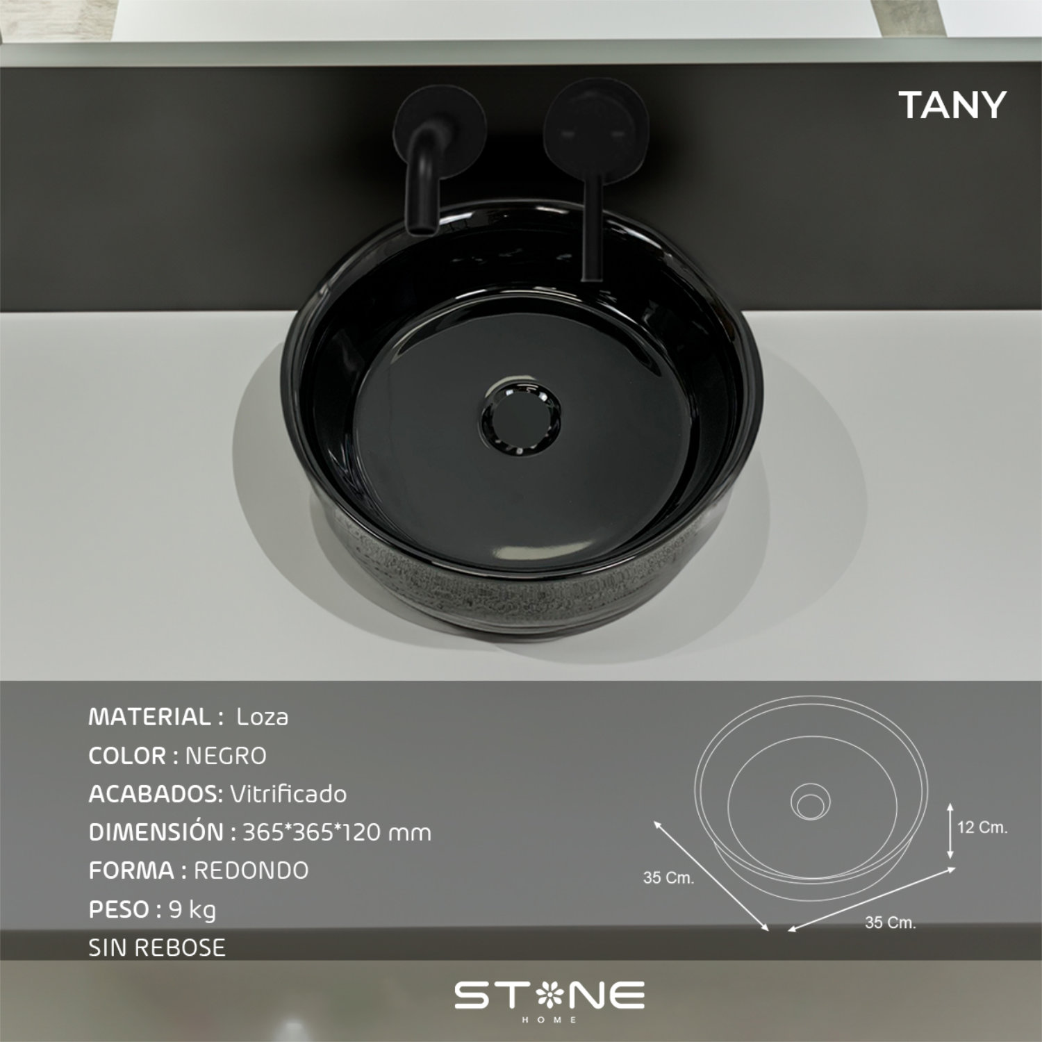 COMBO INODORO SANDER NEGRO + BOWL TANY BLACK STONE + DESAGUE POP UP GRANDE P/BOWL CROMADO STONE - 7