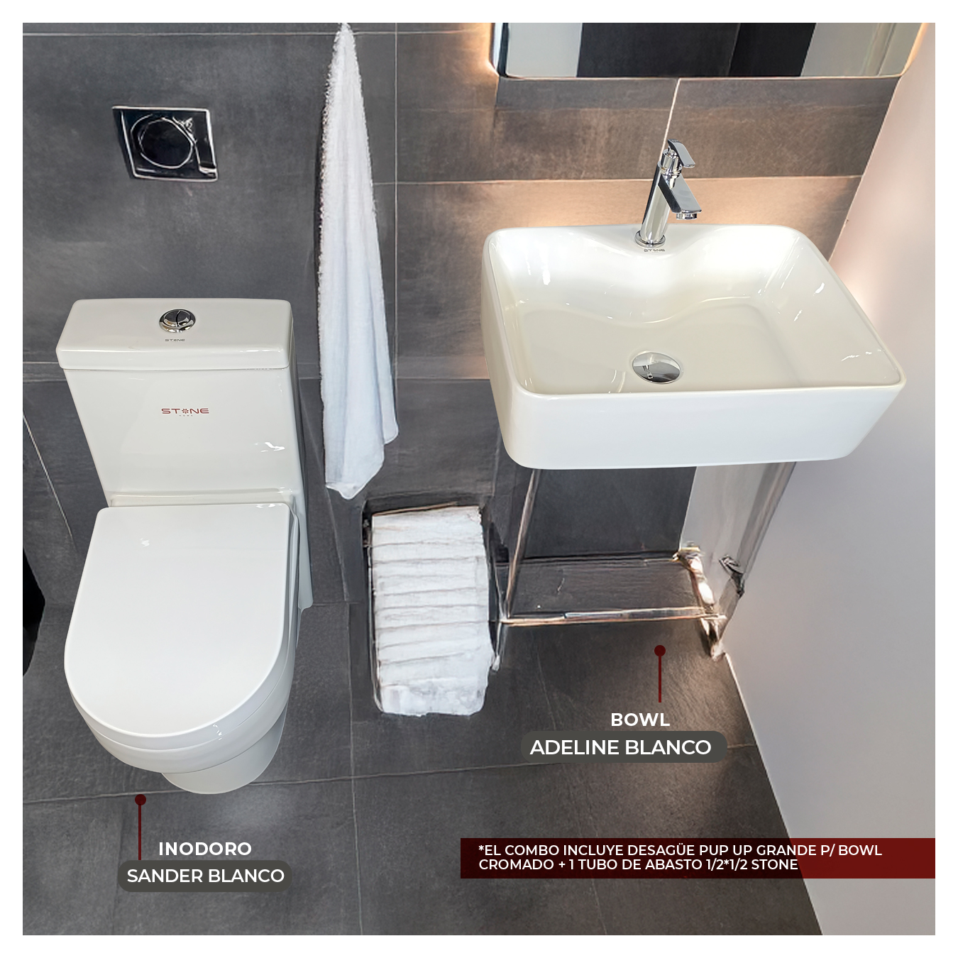 COMBO INODORO SANDER BLANCO + BOWL ADELINE BLANCO STONE + DESAGUE POP UP GRANDE P/BOWL CROMADO STONE - 1