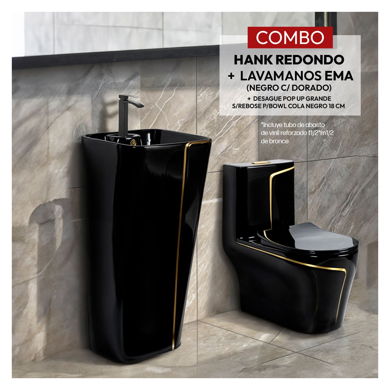COMBO INODORO HANK REDONDO NEGRO C/ DORADO + LAVATORIO EMA STONE + DESAGUE POP UP GRANDE P/BOWL DORADO STONE - 1