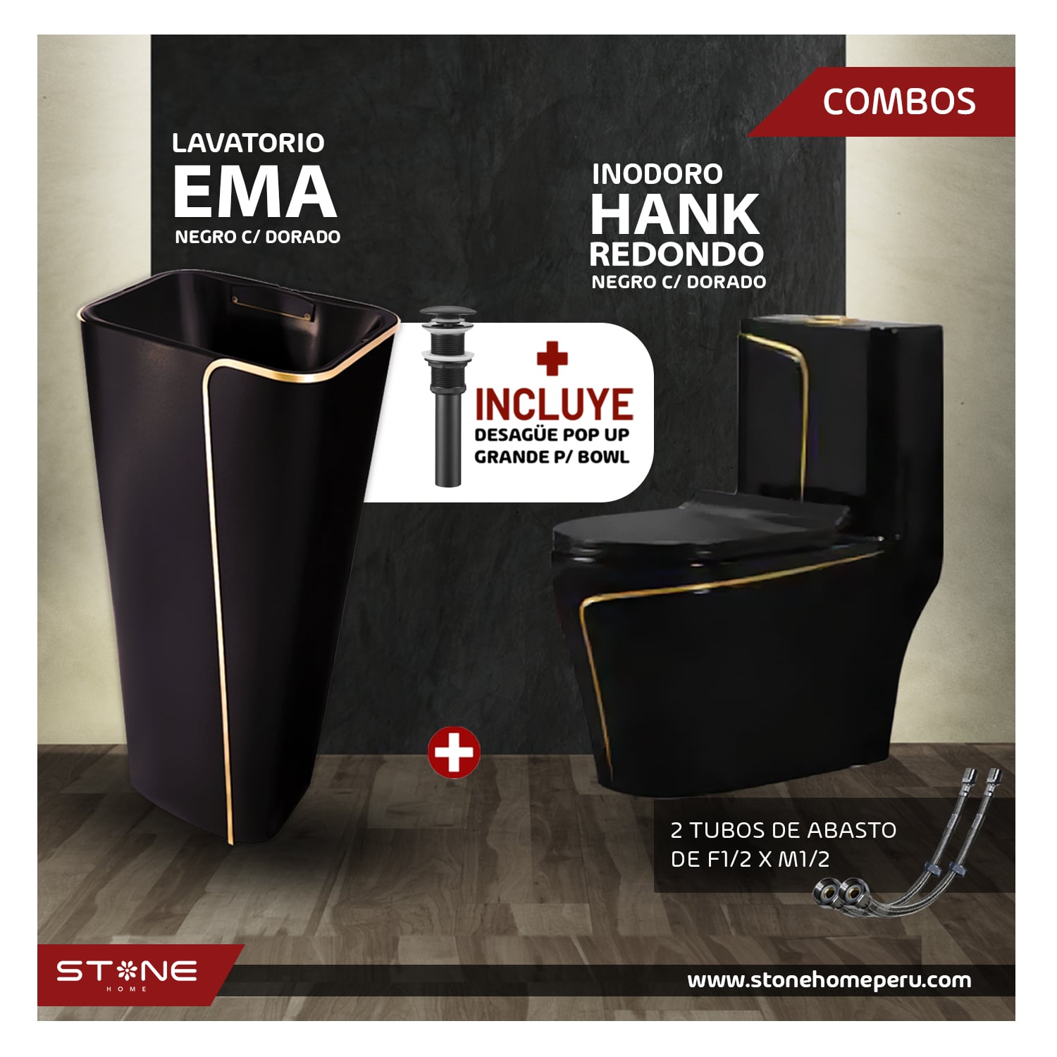 COMBO INODORO HANK REDONDO NEGRO C/ DORADO + LAVATORIO EMA STONE + DESAGUE POP UP GRANDE P/BOWL DORADO STONE - 2