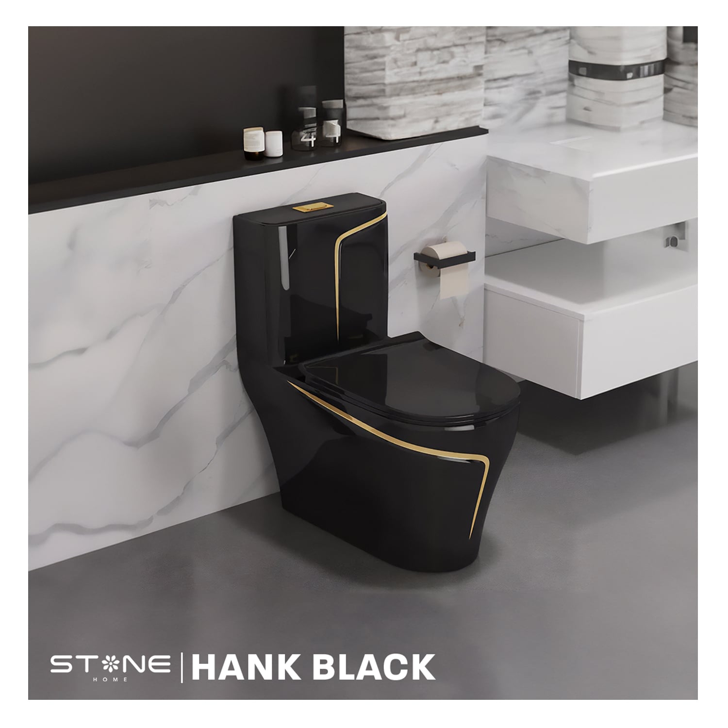 COMBO INODORO HANK REDONDO NEGRO C/ DORADO + LAVATORIO EMA STONE + DESAGUE POP UP GRANDE P/BOWL DORADO STONE - 3