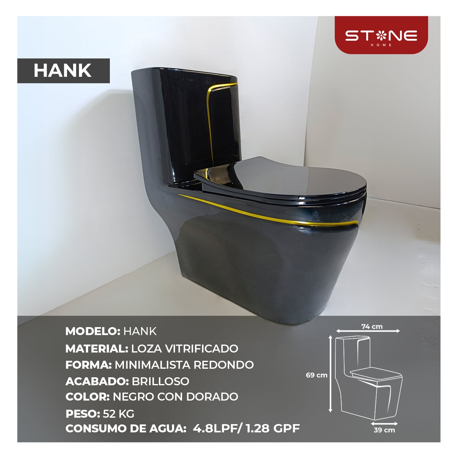 COMBO INODORO HANK REDONDO NEGRO C/ DORADO + LAVATORIO EMA STONE + DESAGUE POP UP GRANDE P/BOWL DORADO STONE - 4