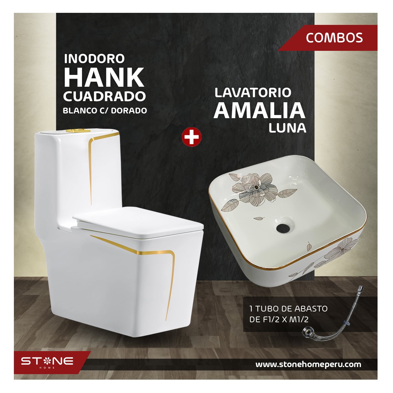 COMBO INODORO HANK CUADRADO BLANCO CON DORADO + BOWL AMALIA LUNA STONE + DESAGUE POP UP GRANDE P/BOWL DORADO STONE - 1