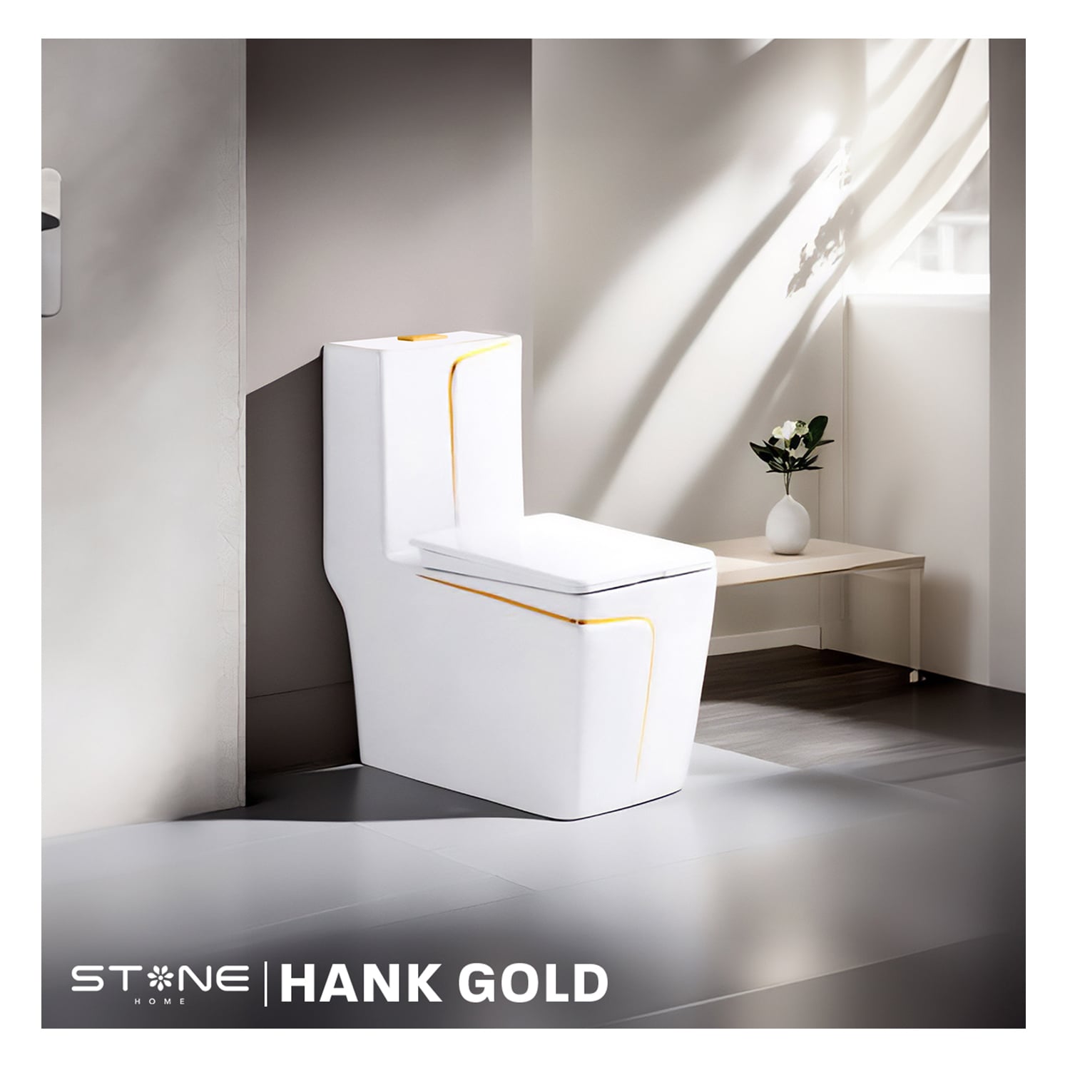 COMBO INODORO HANK CUADRADO BLANCO CON DORADO + BOWL AMALIA LUNA STONE + DESAGUE POP UP GRANDE P/BOWL DORADO STONE - 2