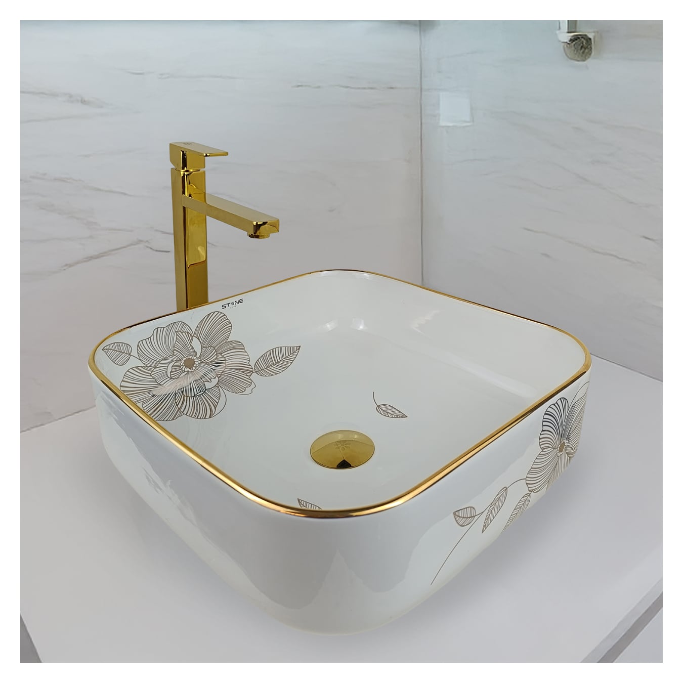 COMBO INODORO HANK CUADRADO BLANCO CON DORADO + BOWL AMALIA LUNA STONE + DESAGUE POP UP GRANDE P/BOWL DORADO STONE - 4