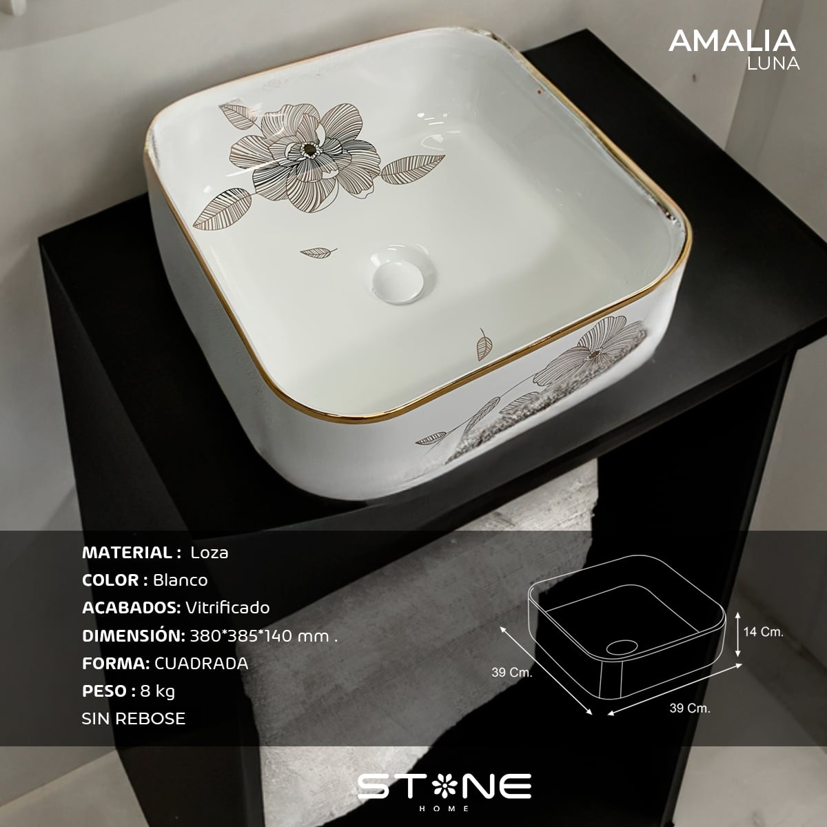 COMBO INODORO HANK CUADRADO BLANCO CON DORADO + BOWL AMALIA LUNA STONE + DESAGUE POP UP GRANDE P/BOWL DORADO STONE - 5