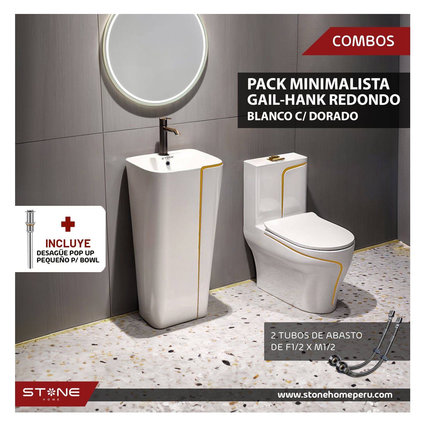 COMBO INODORO HANK REDONDO BLANCO C/ DORADO + LAVATORIO GAIL BLANCO C/ DORADO STONE + DESAGUE POP UP GRANDE P/BOWL DORADO STONE - 1
