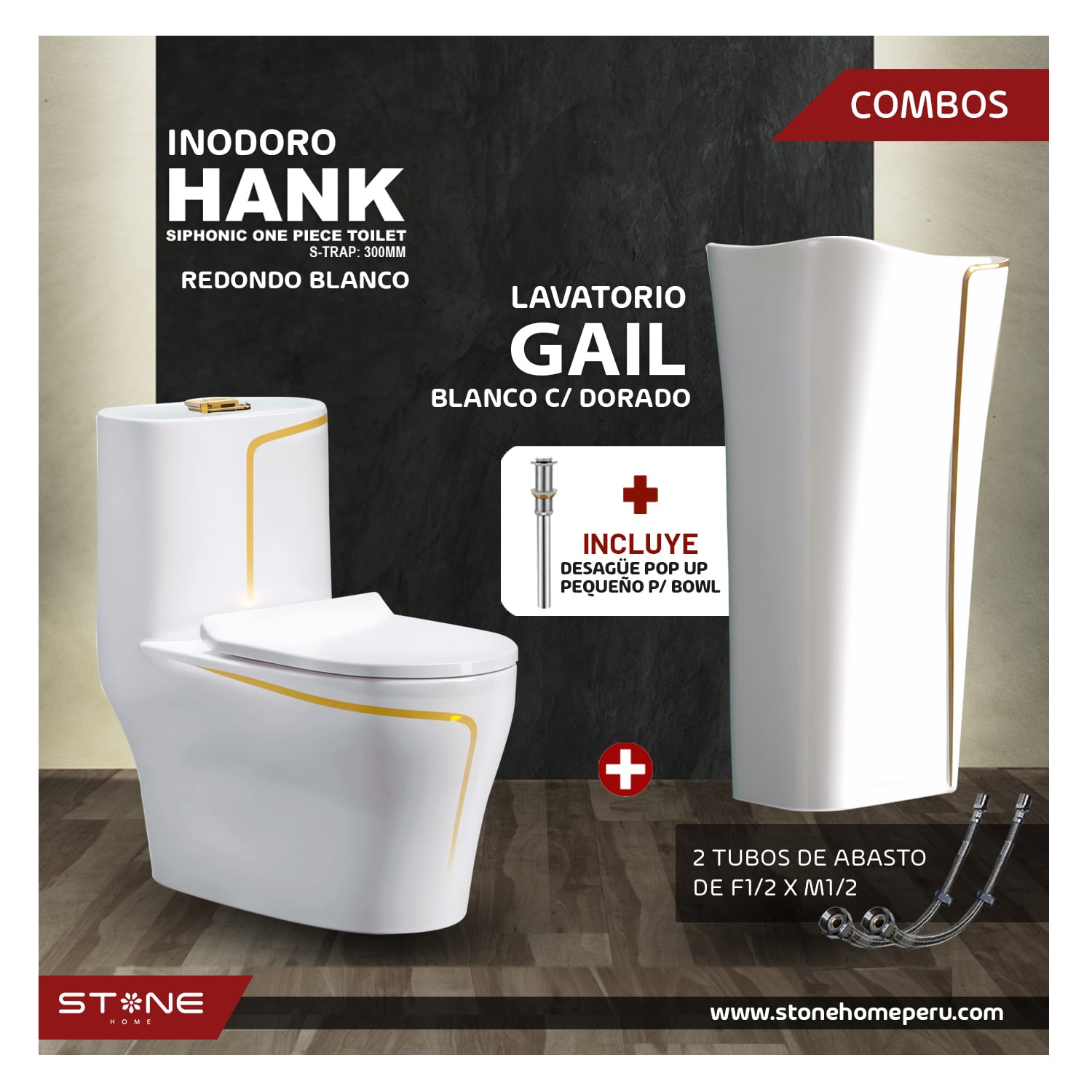 COMBO INODORO HANK REDONDO BLANCO C/ DORADO + LAVATORIO GAIL BLANCO C/ DORADO STONE + DESAGUE POP UP GRANDE P/BOWL DORADO STONE - 2
