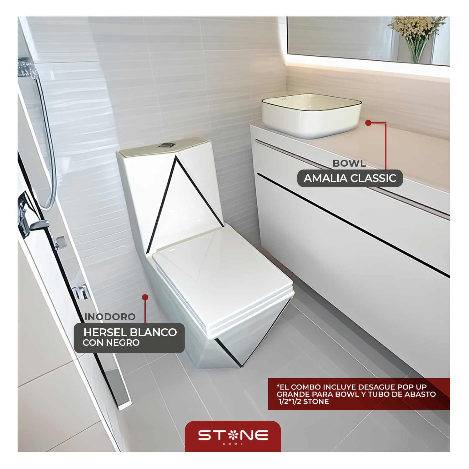 COMBO INODORO HERSEL BLANCO CON NEGRO + BOWL AMALIA CLASSIC + DESAGUE POP UP GRANDE P/BOWL CROMADO STONE - 1