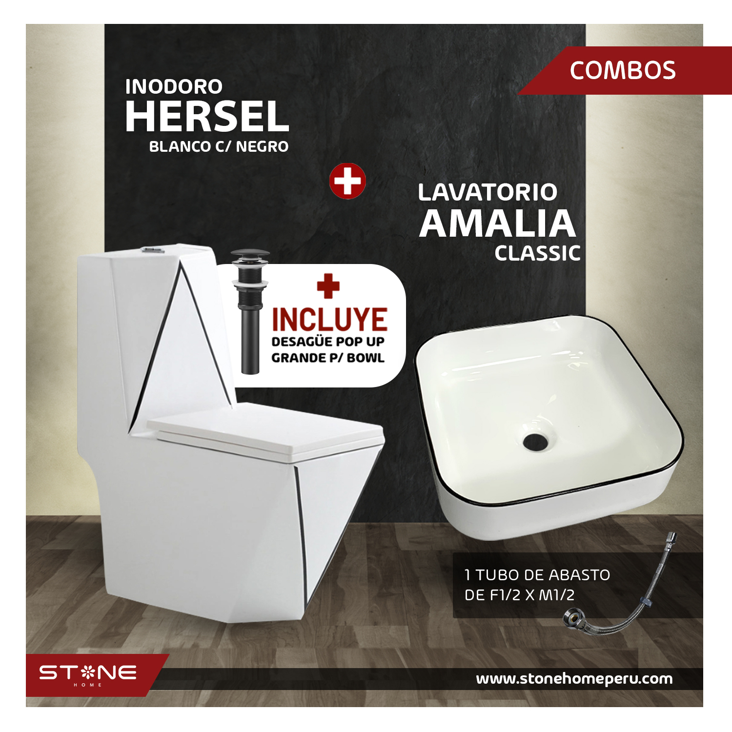 COMBO INODORO HERSEL BLANCO CON NEGRO + BOWL AMALIA CLASSIC + DESAGUE POP UP GRANDE P/BOWL CROMADO STONE - 2