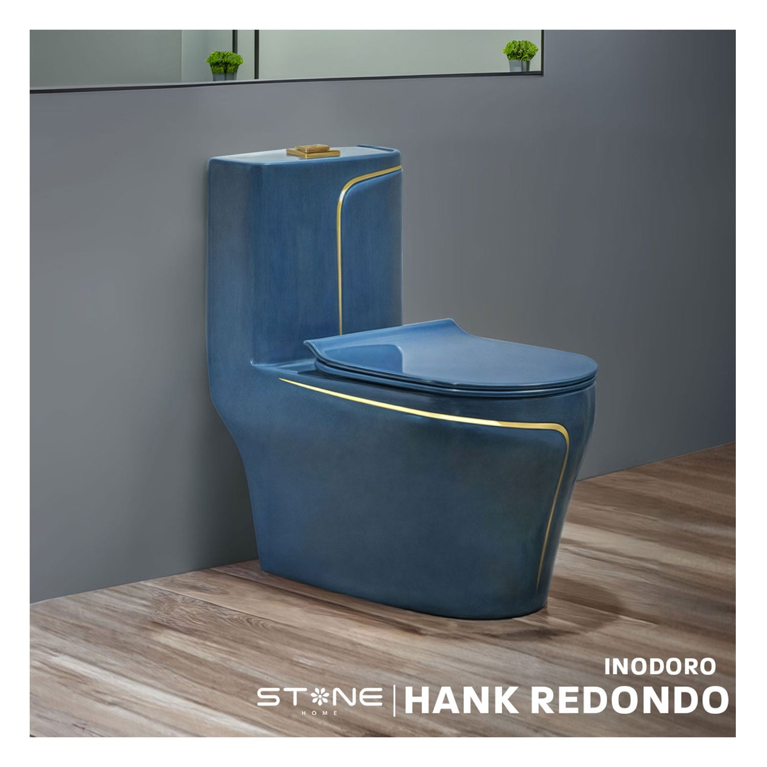 INODORO ONE PIECE MINIMALISTA HANK REDONDO AZUL / DORADO STONE - 1