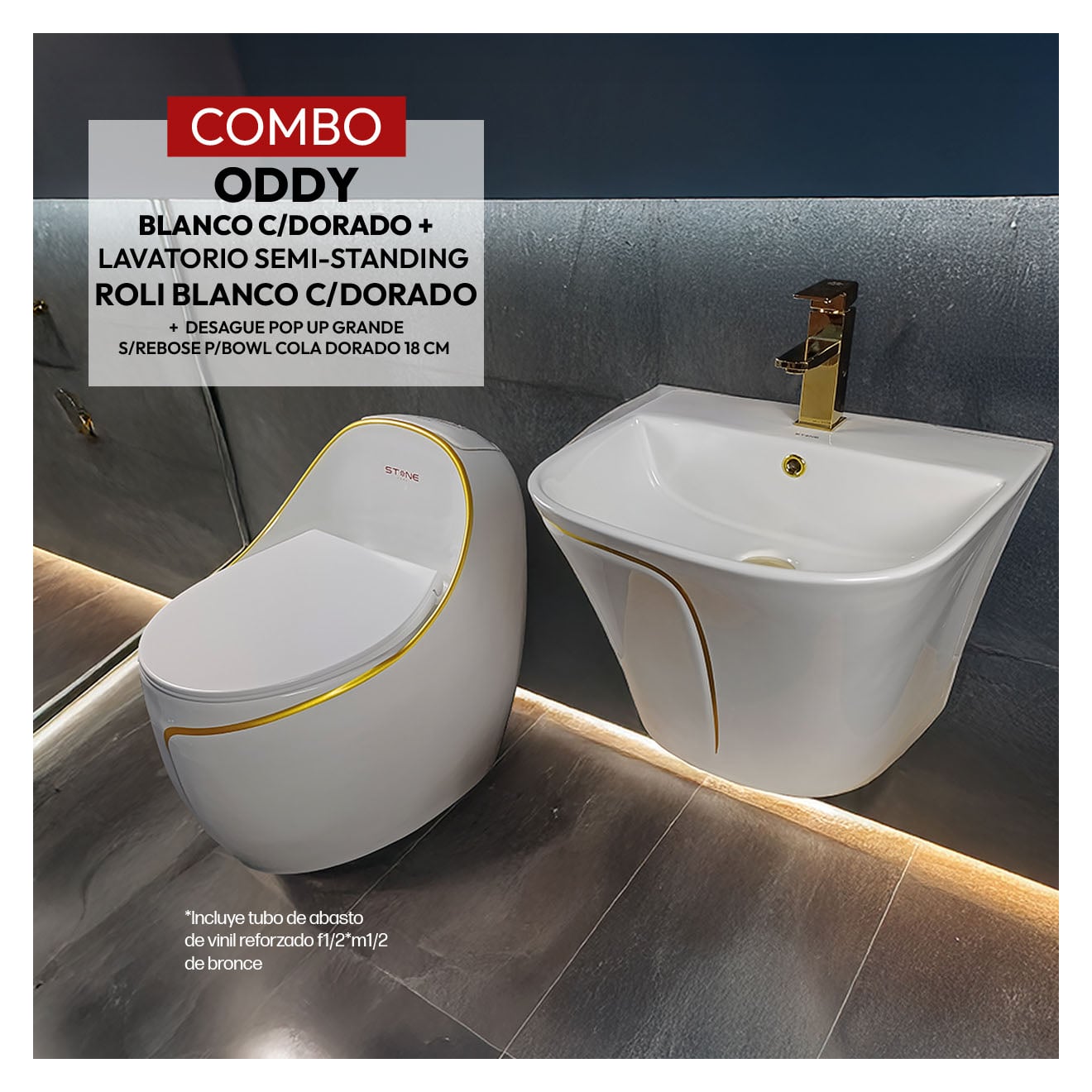 COMBO INODORO ODDY BLANCO C/DORADO STONE + LAVATORIO ROLI BLANCO C/DORADO STONE + DESAGUE POP UP GRANDE P/BOWL DORADO STONE - 1