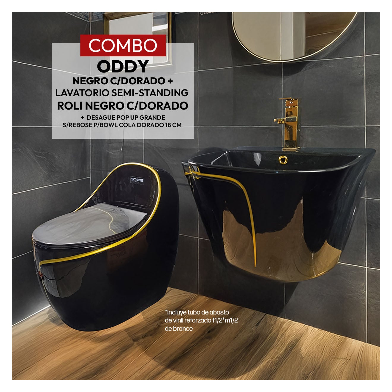 COMBO INODORO ODDY NEGRO C/DORADO STONE + LAVATORIO ROLI NEGRO C/ DORADO STONE + DESAGUE POP UP GRANDE P/BOWL DORADO STONE - 1
