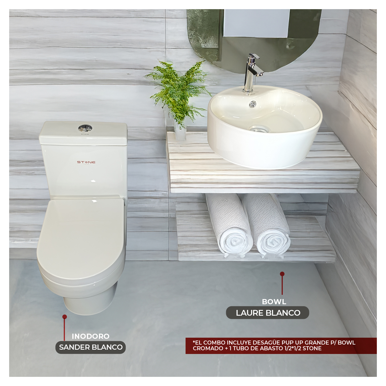 COMBO INODORO SANDER BLANCO STONE + BOWL LAURE BLANCO STONE + DESAGUE POP UP GRANDE P/BOWL CROMADO STONE - 1