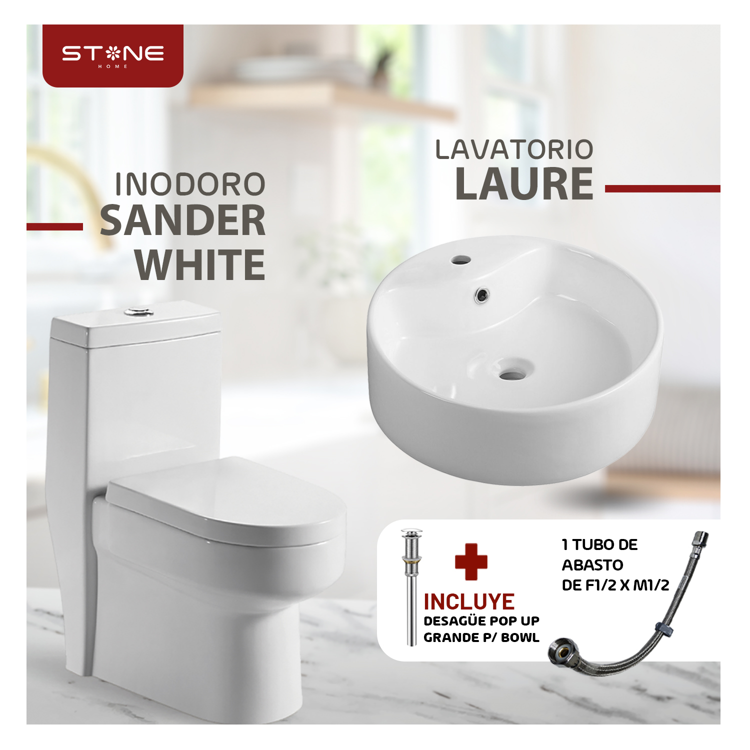 COMBO INODORO SANDER BLANCO STONE + BOWL LAURE BLANCO STONE + DESAGUE POP UP GRANDE P/BOWL CROMADO STONE - 2