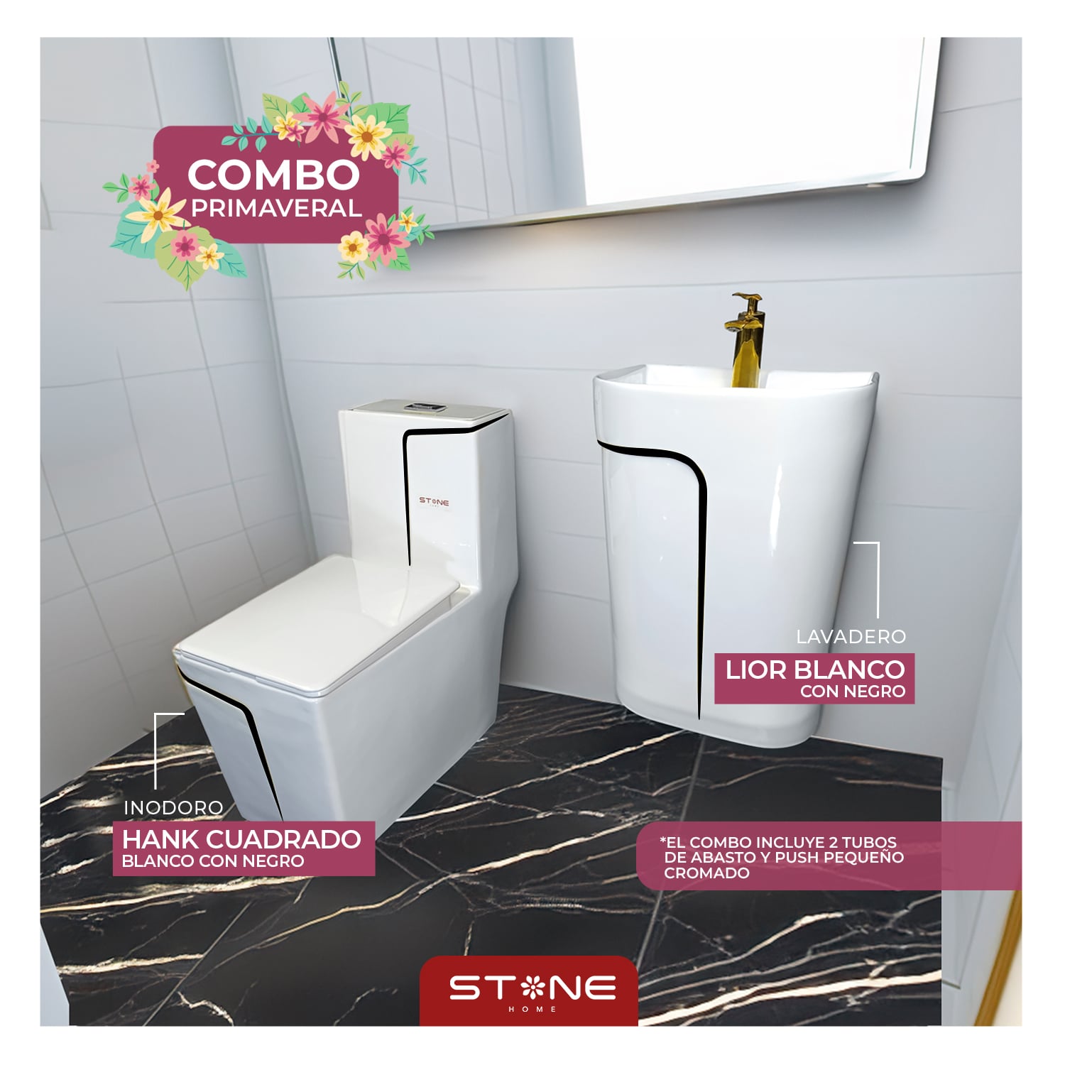COMBO INODORO HANK CUADRADO BLANCO C/ NEGRO + LAVATORIO LIOR BLANCO C/ NEGRO STONE + DESAGUE POP UP GRANDE P/BOWL NEGRO STONE - 1