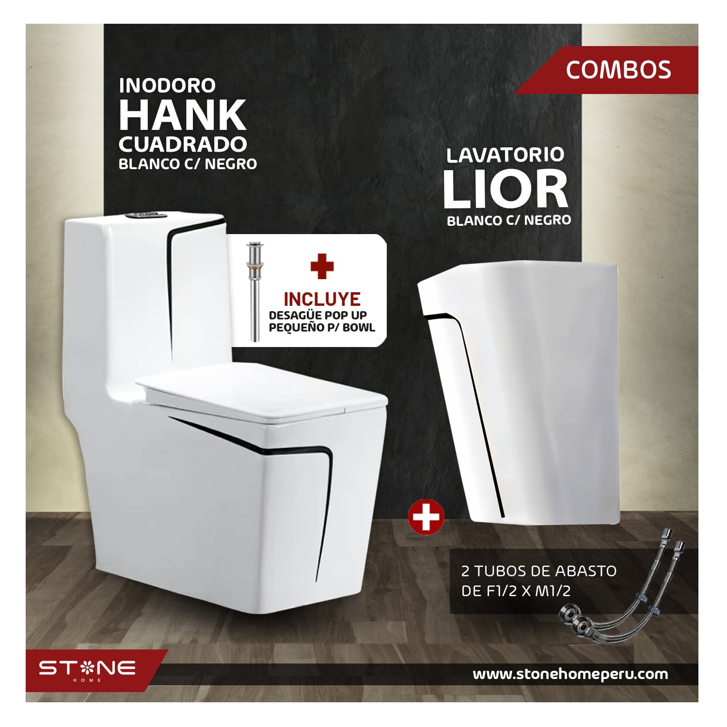 COMBO INODORO HANK CUADRADO BLANCO C/ NEGRO + LAVATORIO LIOR BLANCO C/ NEGRO STONE + DESAGUE POP UP GRANDE P/BOWL NEGRO STONE - 2