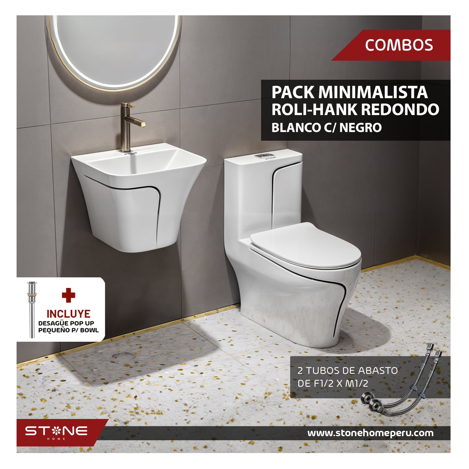 COMBO INODORO HANK REDONDO BLANCO C/ NEGRO+ LAVADERO ROLI BLANCO C/ NEGRO + DESAGUE POP UP GRANDE P/BOWL NEGRO STONE - 1