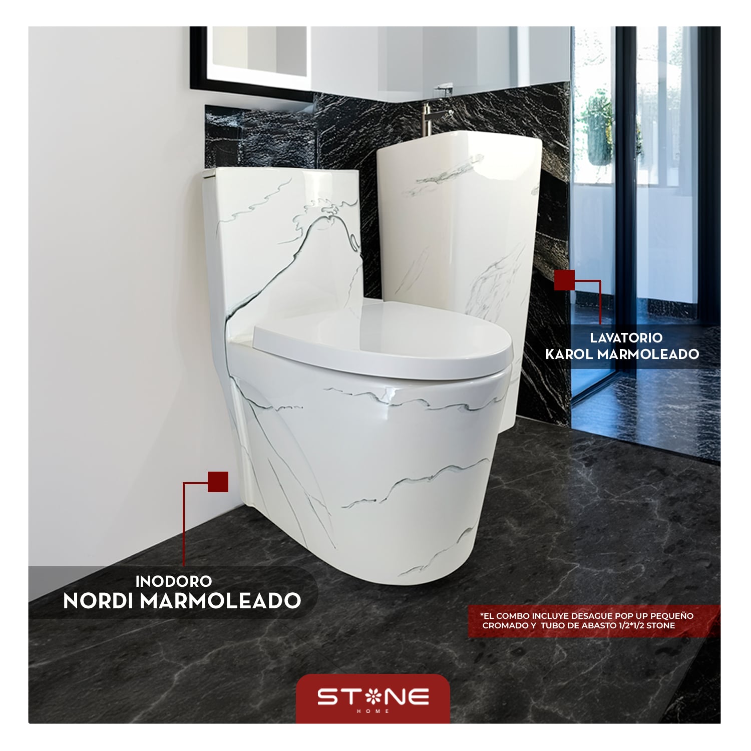 COMBO INODORO NORDI MARMOLEADO + LAVATORIO KAROL MARMOLEADO + DESAGUE POP UP GRANDE P/BOWL CROMADO STONE - 1