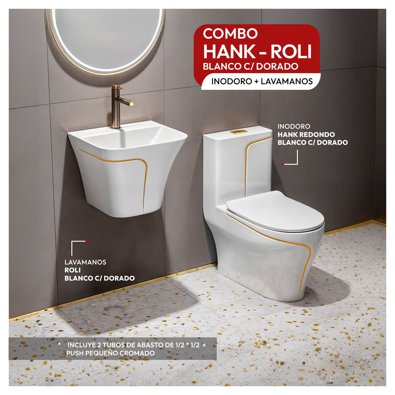 COMBO INODORO HANK REDONDO BLANCO C/ DORADO + ROLI BLANCO C/DORADO + DESAGUE POP UP GRANDE P/BOWL DORADO STONE - 1