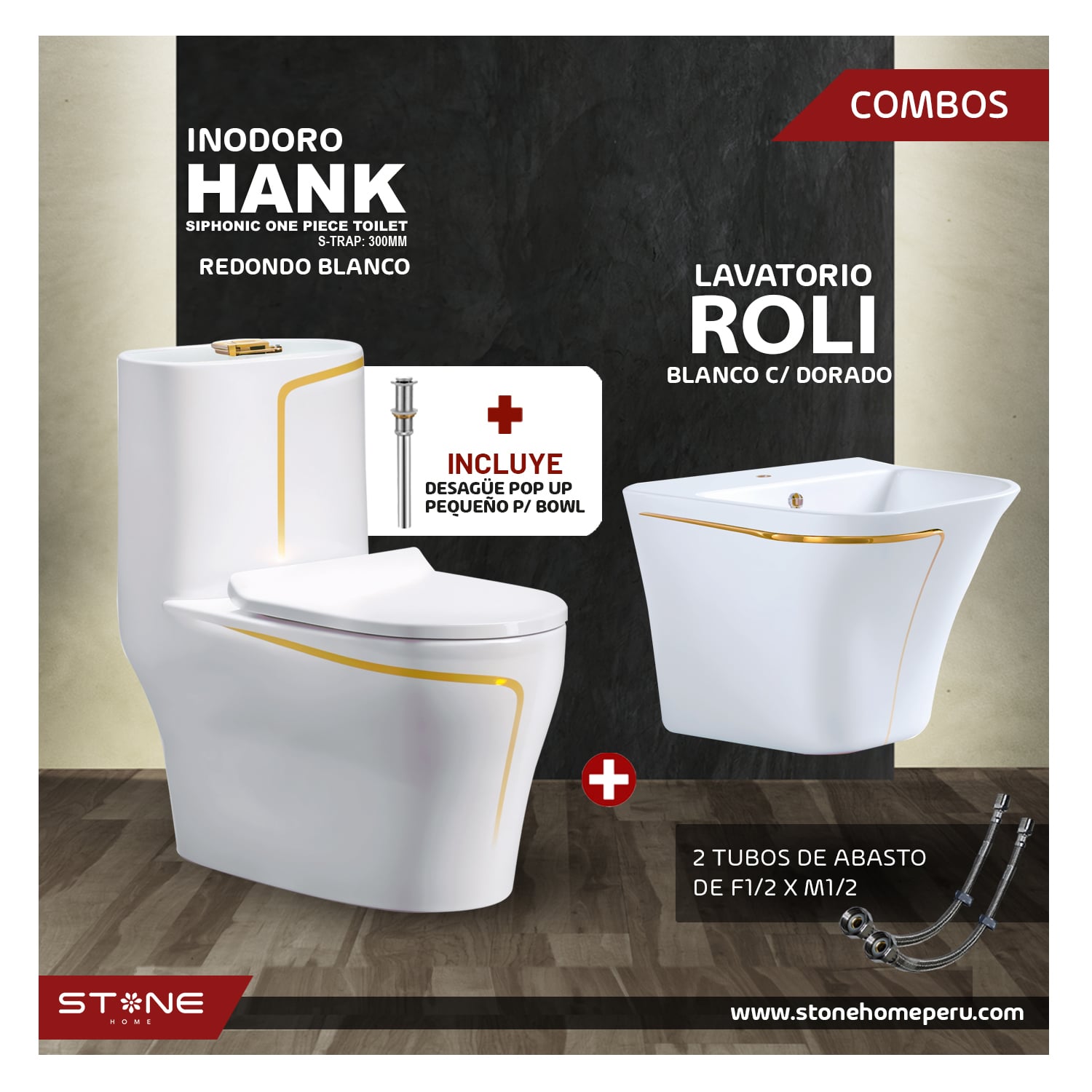 COMBO INODORO HANK REDONDO BLANCO C/ DORADO + ROLI BLANCO C/DORADO + DESAGUE POP UP GRANDE P/BOWL DORADO STONE - 2