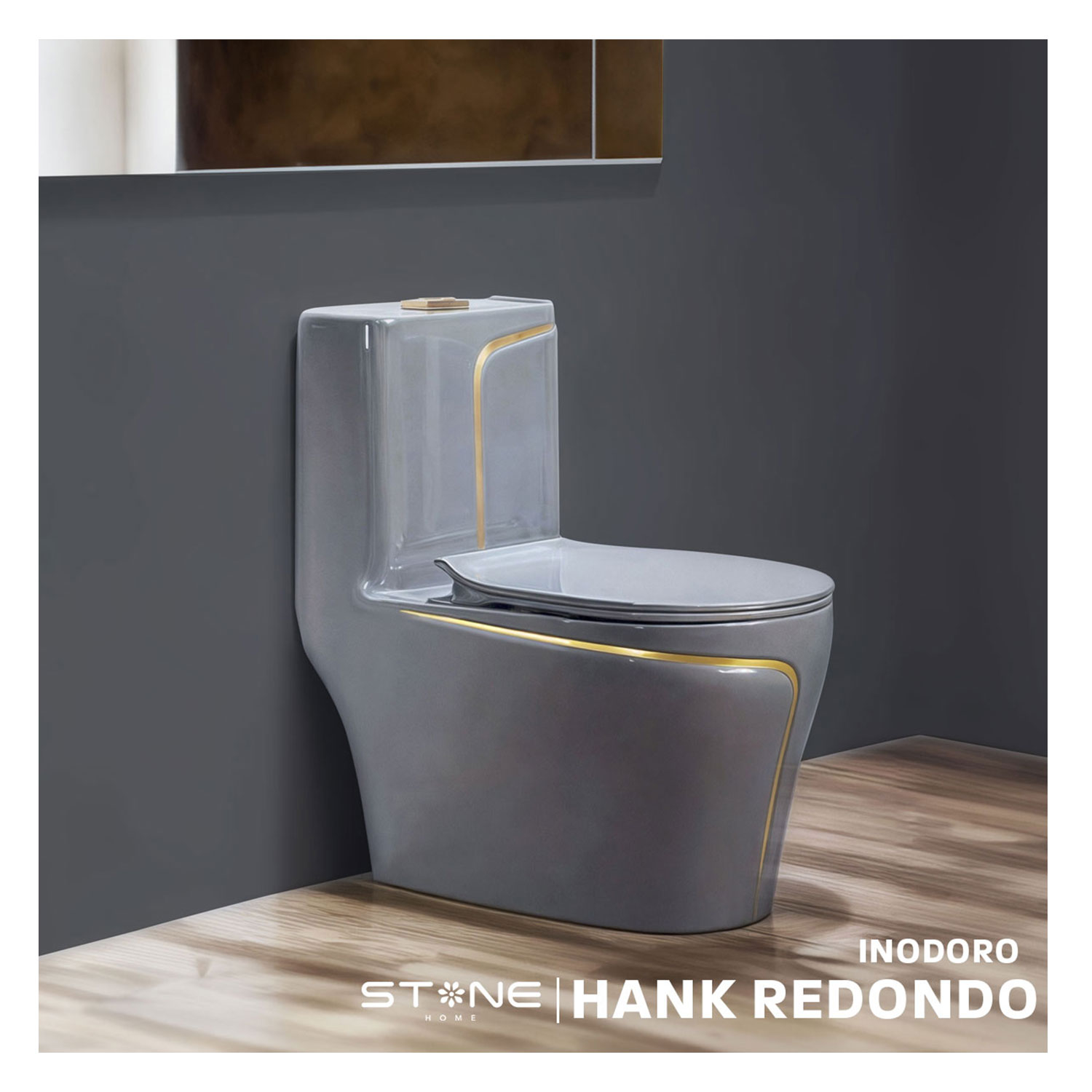COMBO INODORO HANK REDONDO GRIS CON DORADO + LAVATORIO ROLI GRIS C/DORADO + DESAGUE POP UP GRANDE P/BOWL DORADO STONE - 2
