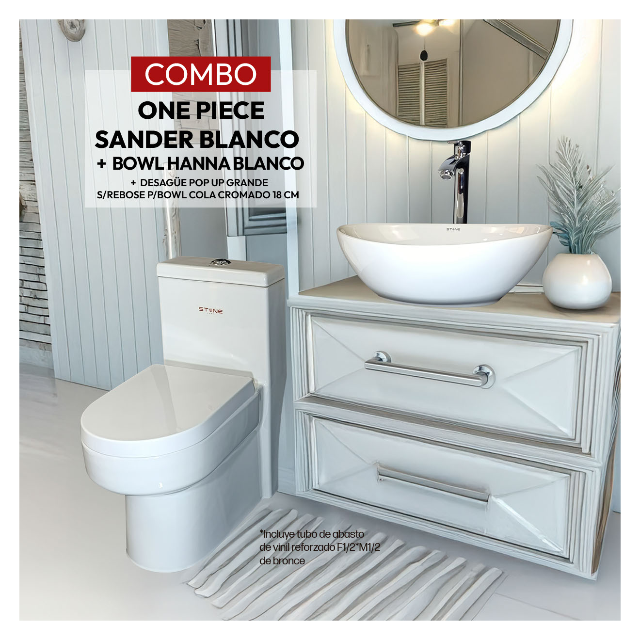 COMBO INODORO SANDER BLANCO + BOWL HANNA BLANCO STONE + DESAGUE POP UP GRANDE P/BOWL CROMADO STONE - 1