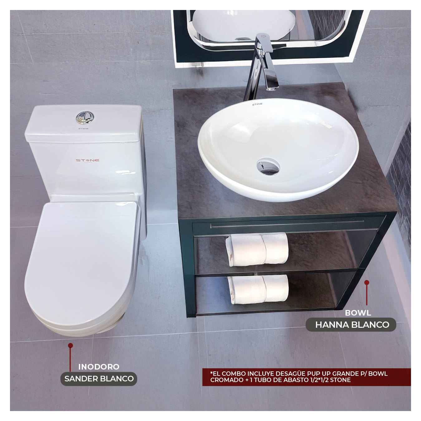 COMBO INODORO SANDER BLANCO + BOWL HANNA BLANCO STONE + DESAGUE POP UP GRANDE P/BOWL CROMADO STONE - 2