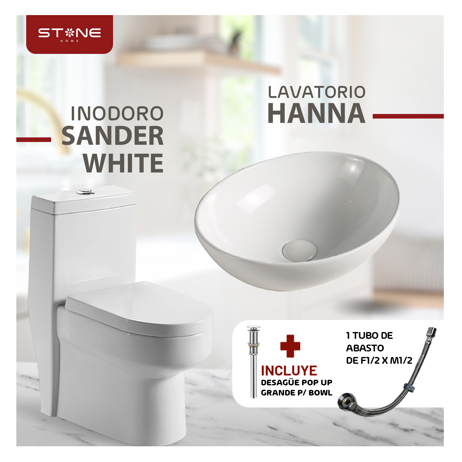 COMBO INODORO SANDER BLANCO + BOWL HANNA BLANCO STONE + DESAGUE POP UP GRANDE P/BOWL CROMADO STONE - 3