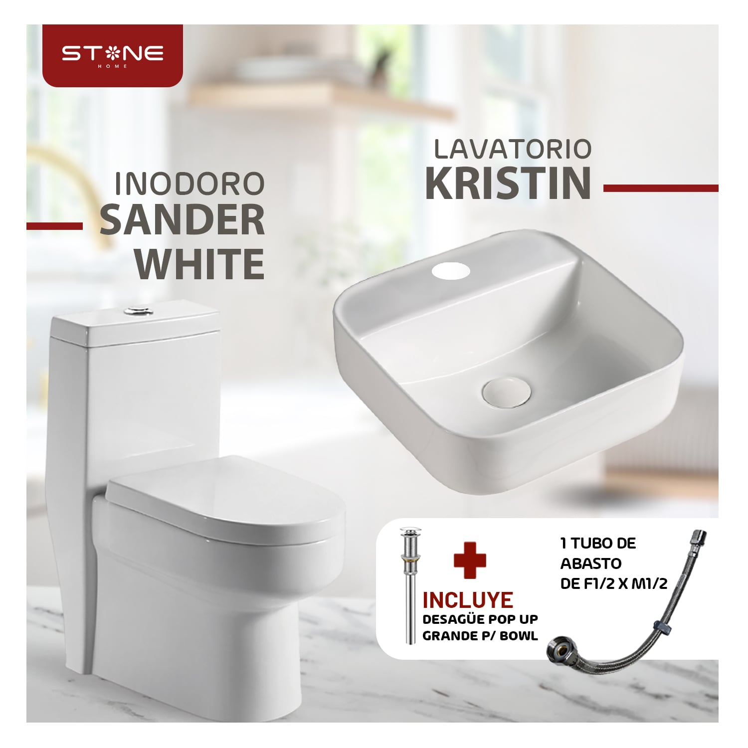 COMBO INODORO SANDER BLANCO + BOWL KRISTIN BLANCO STONE + DESAGUE POP UP GRANDE P/BOWL CROMADO STONE - 2