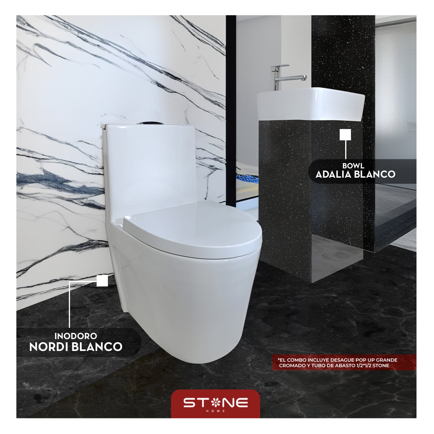 COMBO INODORO NORDI BLANCO + BOWL RECTANGULAR ADALIA STONE + DESAGUE POP UP GRANDE P/BOWL CROMADO STONE - 1