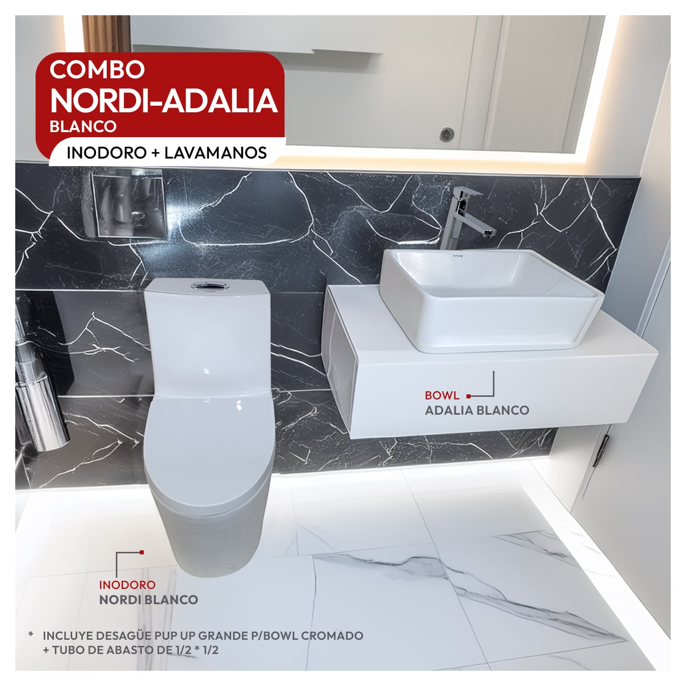 COMBO INODORO NORDI BLANCO + BOWL RECTANGULAR ADALIA STONE + DESAGUE POP UP GRANDE P/BOWL CROMADO STONE - 2