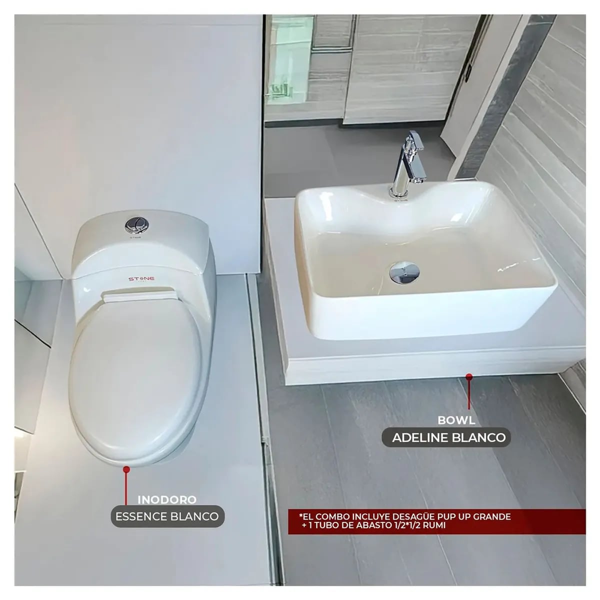 COMBO INODORO ONE PIECE ESSENCE BLANCO + BOWL ADELINE BLANCO STONE + DESAGUE POP UP GRANDE + 1 TUBO DE ABASTO 1/2*1/2 RUMI - 1