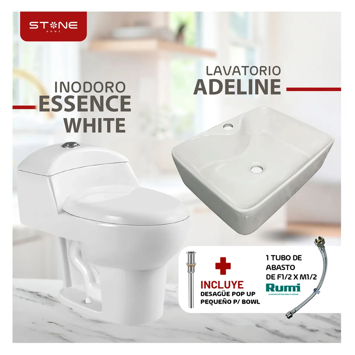 COMBO INODORO ONE PIECE ESSENCE BLANCO + BOWL ADELINE BLANCO STONE + DESAGUE POP UP GRANDE + 1 TUBO DE ABASTO 1/2*1/2 RUMI - 4
