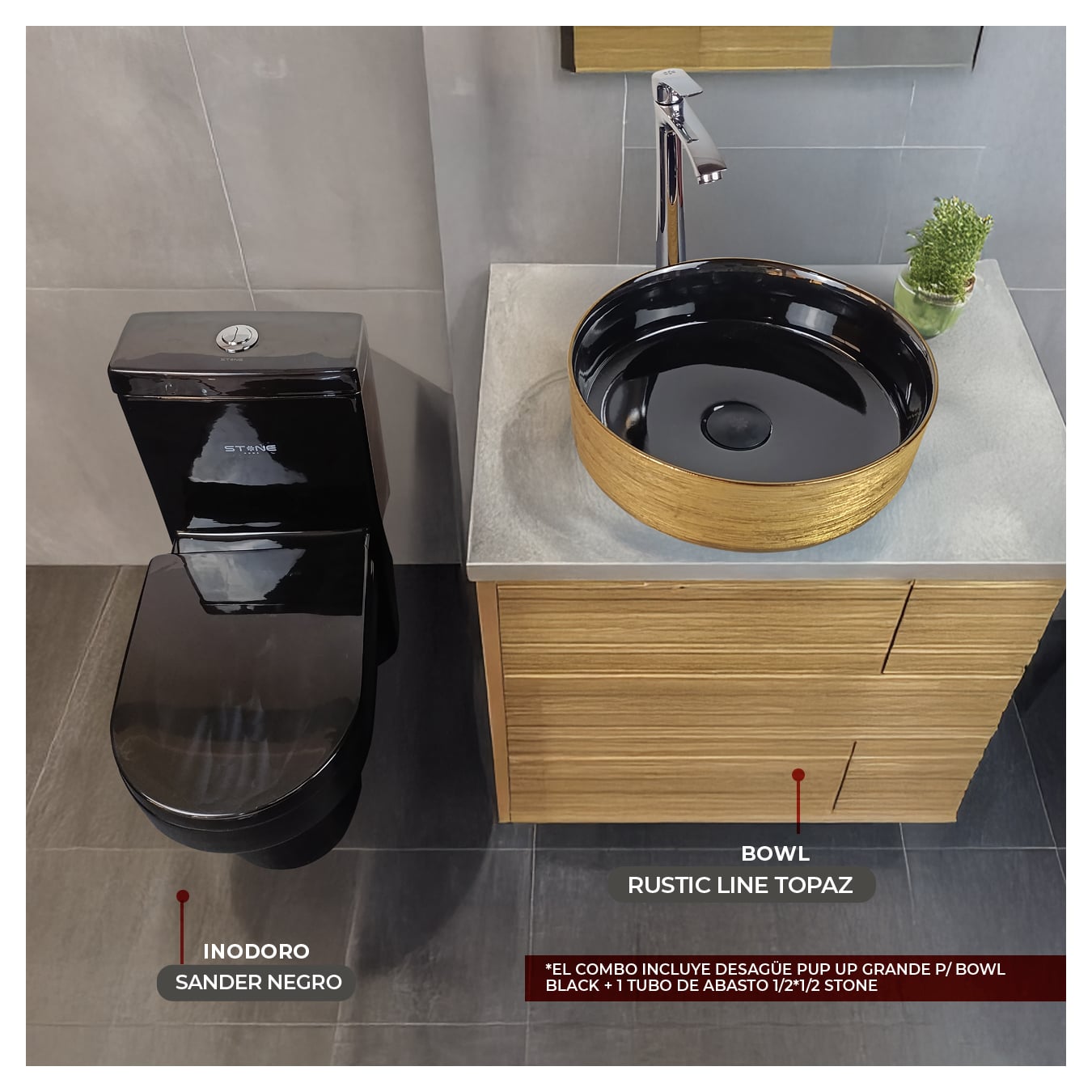 COMBO INODORO SANDER NEGRO + BOWL CIRCULAR RUSTIC LINE TOPAZ STONE + DESAGUE POP UP GRANDE P/BOWL CROMADO STONE - 1