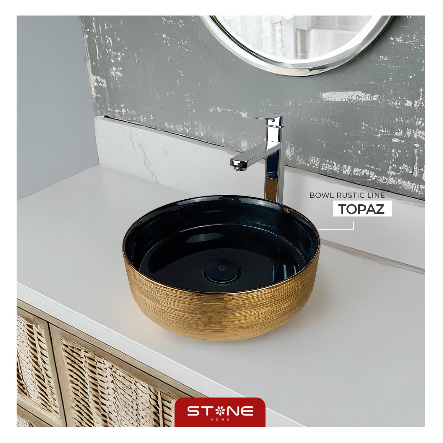 COMBO INODORO SANDER NEGRO + BOWL CIRCULAR RUSTIC LINE TOPAZ STONE + DESAGUE POP UP GRANDE P/BOWL CROMADO STONE - 5