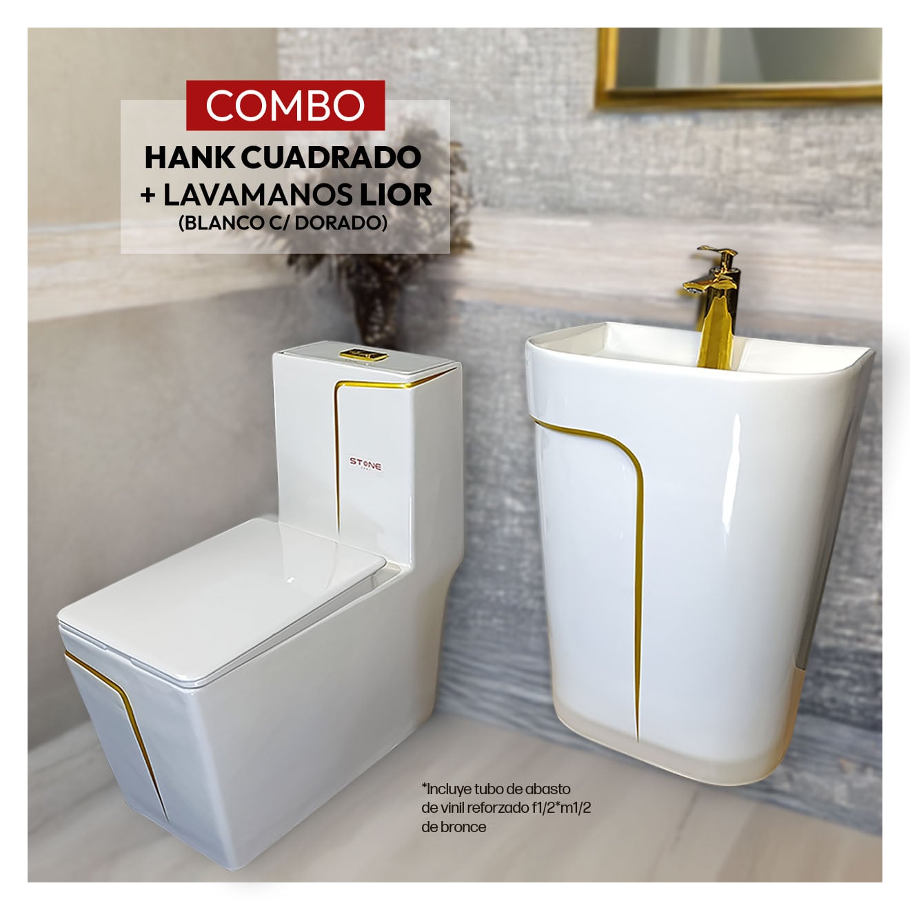 COMBO INODORO HANK CUADRADO BLANCO CON DORADO + LIOR BLANCO C/DORADO + DESAGUE POP UP GRANDE P/BOWL DORADO STONE - 1