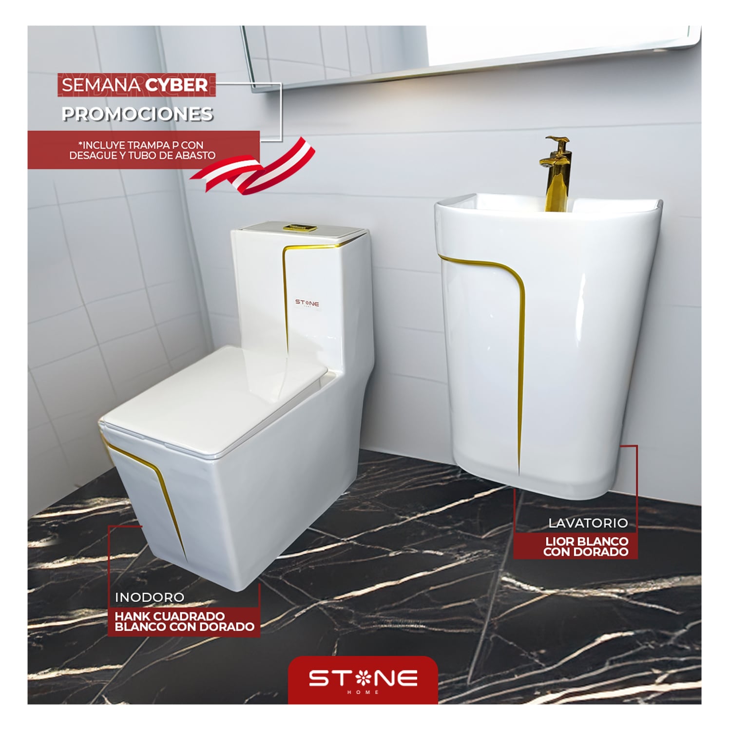 COMBO INODORO HANK CUADRADO BLANCO CON DORADO + LIOR BLANCO C/DORADO + DESAGUE POP UP GRANDE P/BOWL DORADO STONE - 2