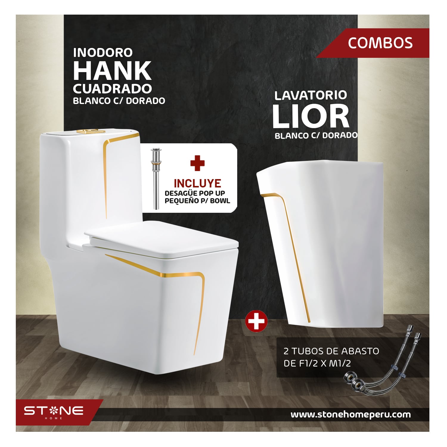 COMBO INODORO HANK CUADRADO BLANCO CON DORADO + LIOR BLANCO C/DORADO + DESAGUE POP UP GRANDE P/BOWL DORADO STONE - 3
