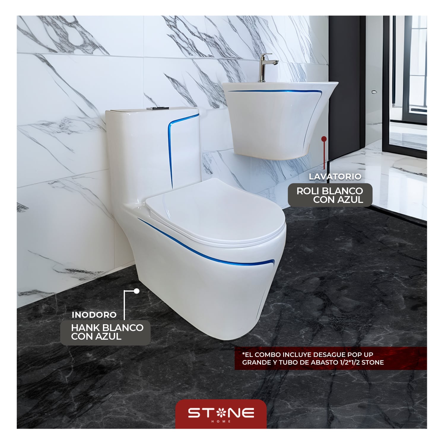 COMBO INODORO HANK REDONDO BLANCO C/ AZUL STONE + LAVATORIO ROLI BLANCO C/ AZUL STONE + DESAGUE POP UP GRANDE P/BOWL STONE - 1