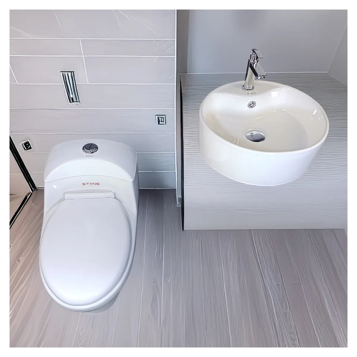 COMBO INODORO ONE PIECE ESSENCE BLANCO + BOWL LAURE BLANCO STONE + DESAGUE PUP UP GRANDE + 1 TUBO DE ABASTO 1/2*1/2 RUMI - 2