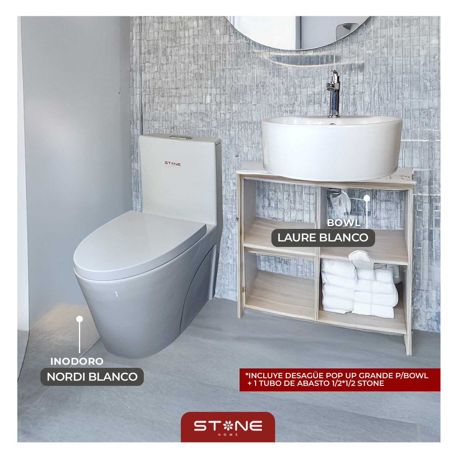 COMBO INODORO NORDI BLANCO STONE + BOWL LAURE BLANCO STONE + DESAGUE POP UP GRANDE P/BOWL CROMADO STONE - 1