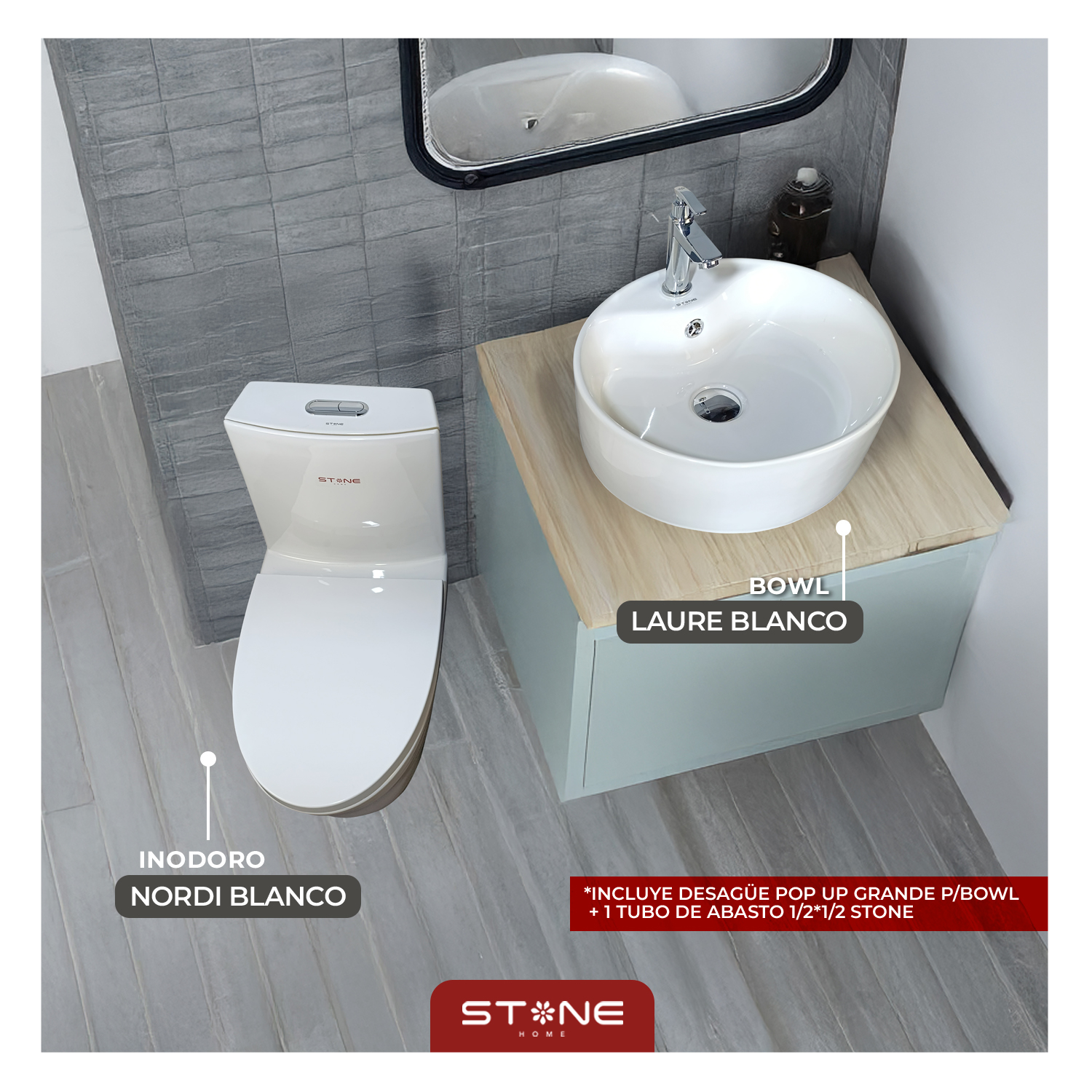 COMBO INODORO NORDI BLANCO STONE + BOWL LAURE BLANCO STONE + DESAGUE POP UP GRANDE P/BOWL CROMADO STONE - 2