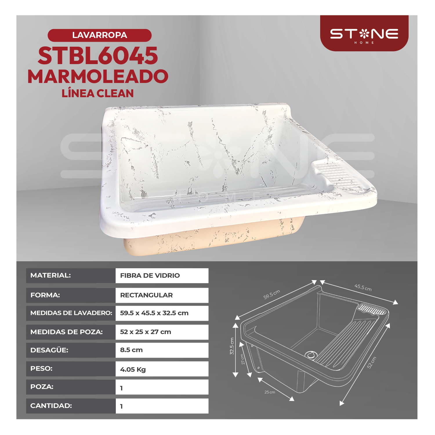 COMBO LAVARROPAS DE FIBRA DE VIDRIO STBL6045 MARMOLEADO + LLAVE LAURENT STW-03 + DESAGÜE C/TRAMPA CORRUGADA - 3