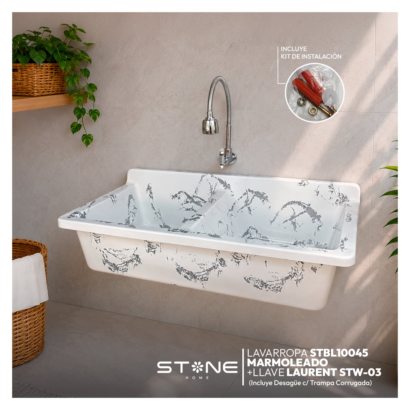 COMBO LAVARROPAS DE FIBRA DE VIDRIO STBL10045 + LLAVE LAURENT STW-01 STONE + DESAGÜE C/TRAMPA CORRUGADA DE DOBLE POZA - 1