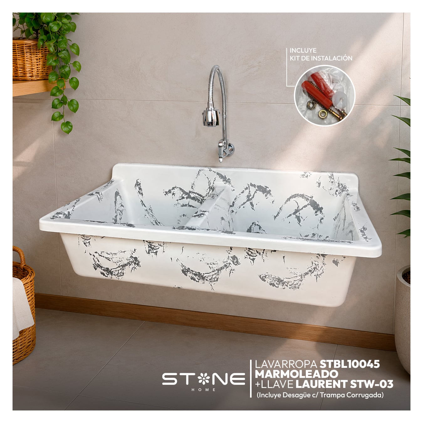 COMBO LAVARROPAS DE FIBRA DE VIDRIO STBL10045 + LLAVE LAURENT STW-01 STONE + DESAGÜE C/TRAMPA CORRUGADA DE DOBLE POZA - 2