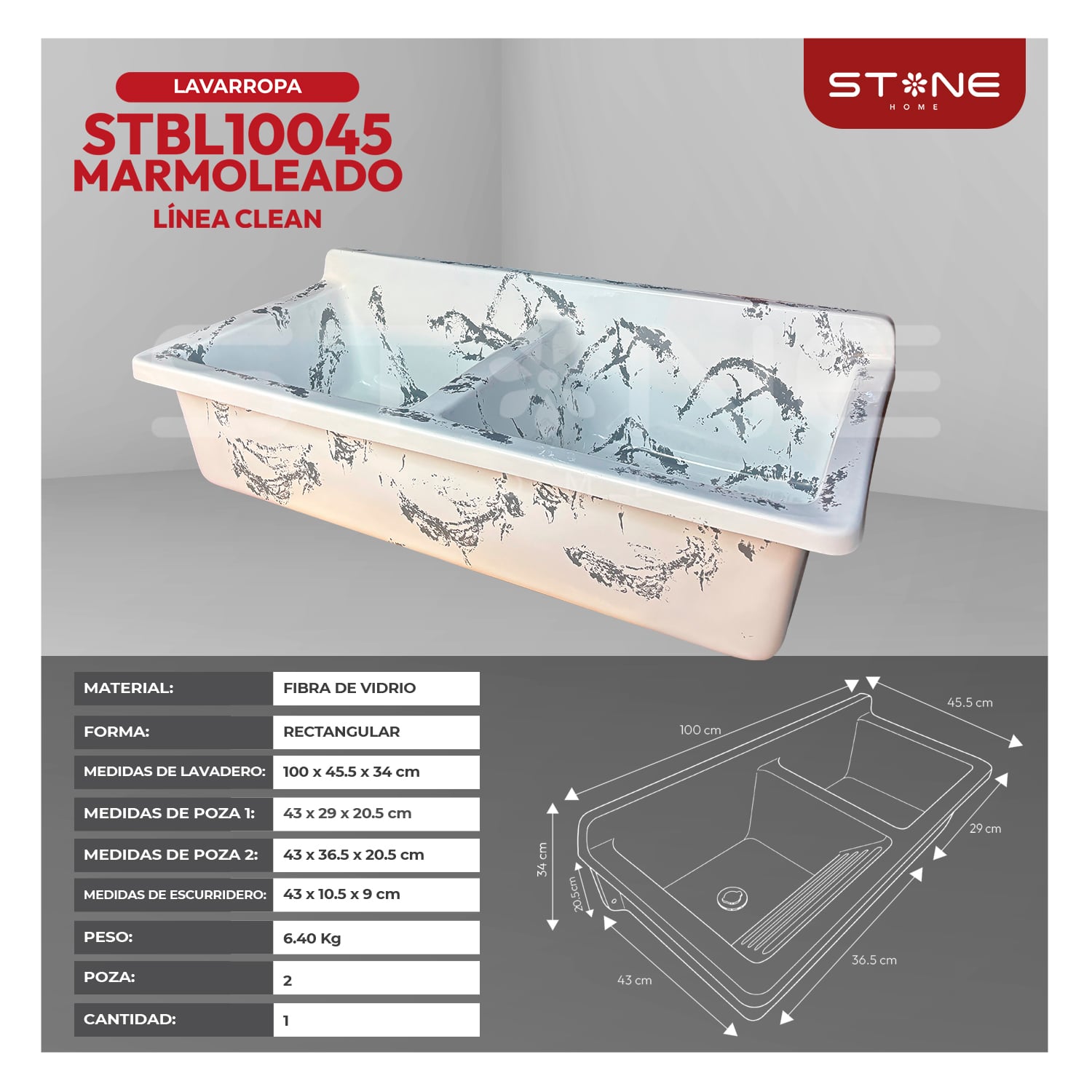 COMBO LAVARROPAS DE FIBRA DE VIDRIO STBL10045 + LLAVE LAURENT STW-01 STONE + DESAGÜE C/TRAMPA CORRUGADA DE DOBLE POZA - 3