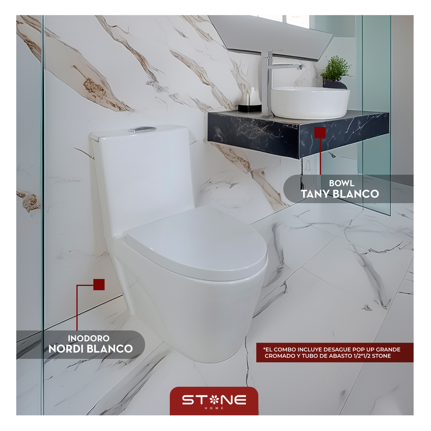 COMBO DE INODORO NORDI BLANCO + BOWL TANY BLANCO + DESAGUE POP UP GRANDE CROMADO S/REBOSE P/BOWL - 1