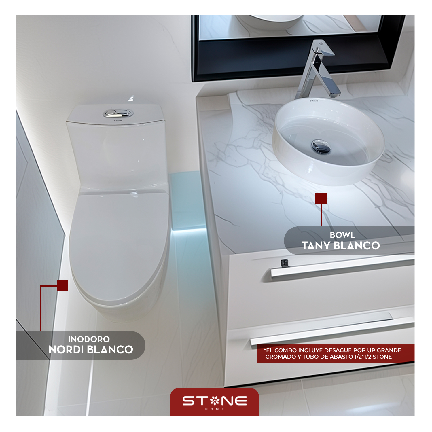 COMBO DE INODORO NORDI BLANCO + BOWL TANY BLANCO + DESAGUE POP UP GRANDE CROMADO S/REBOSE P/BOWL - 2